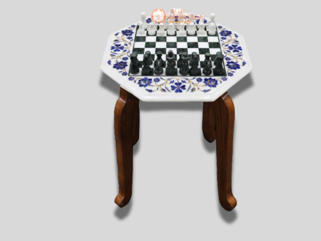 White Marble Lapis Lazuli Coffee Chess Table Top With Wooden Base